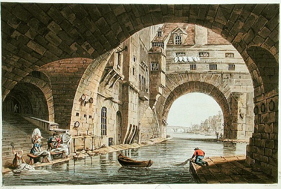 The Washing Place of the Hotel-Dieu and the Pont de la Tournelle; engraved by I. Hill von (after) John Claude Nattes
