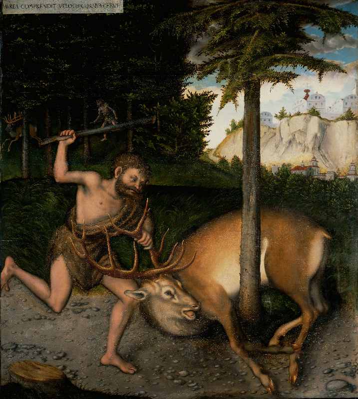 Herkules und die kerynitische Hirschkuh. Aus der Serie der Taten des Herkules von Lucas Cranach d.Ä. (Schule oder Umfeld)