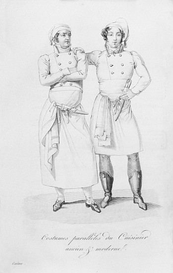 Costumes of cooks from different eras, from ''Le Maitre d''Hotel francais'' Marie Antoine Careme, pu von (after) Marie Antoine Careme
