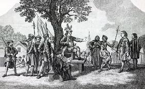 Robert Kett seated under the ''Tree of Reformation'' receiving the King''s messenger