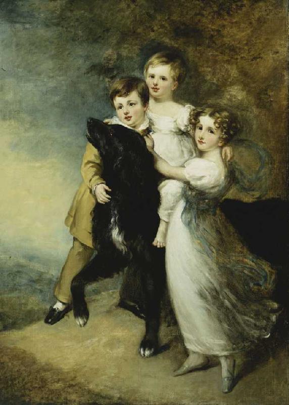 Drei Kinder mit Hund vor Landschaft. von (after) Sir William Beechey