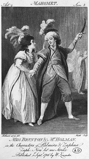 Miss Brunton and Mister Holman as Palmira and Zaphna, illustration from Act IV, Scene 3, of ''Le Fan von (after) Thomas Stothard