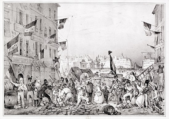 Barricade at the Rue Dauphine, 29th July 1830; engraved by H. Delaporte von (after) Victor Adam