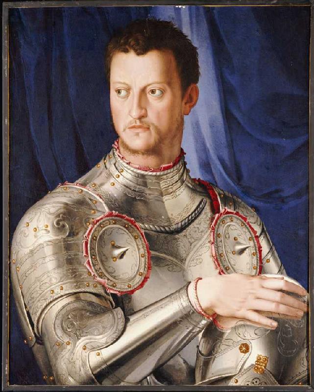 Portrait des Cosimo I De' Medici (1519-1574), seine rechte Hand auf seinem Helm ruhend von Agnolo Bronzino