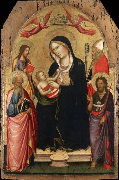 Madonna und Kind mit Heiligen Johannes dem Evangelist, Johannes dem Täufer, Jakobus dem Großen und N
