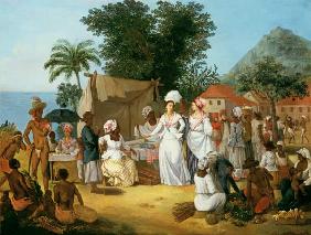 A linen market with a linen stall and a vegetable seller in a Colonial settlement