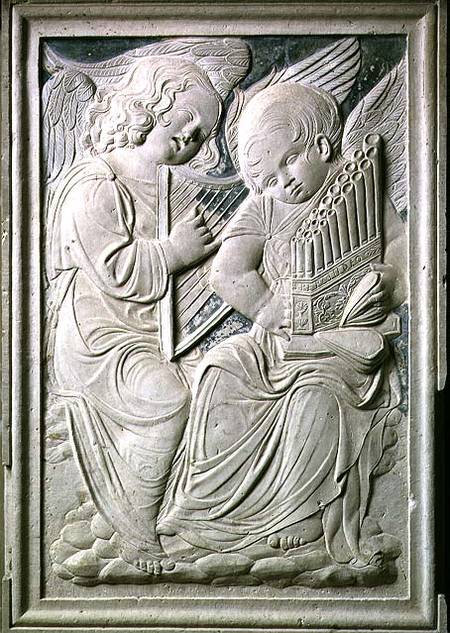 Two putti, one playing the harp and singing, the other playing the portative organ, from the frieze von Agostino  di Duccio