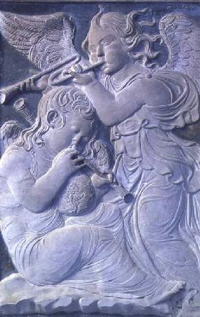 Two putti, one playing the cornamuse, the other playing the trumpet, from the frieze of musical ange