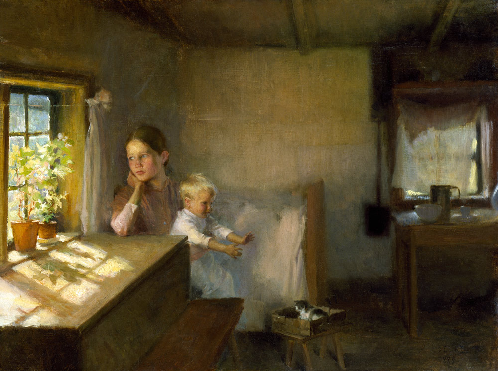 Frau mit Kind in sonnenbeschienenem Interieur von Albert Edelfelt