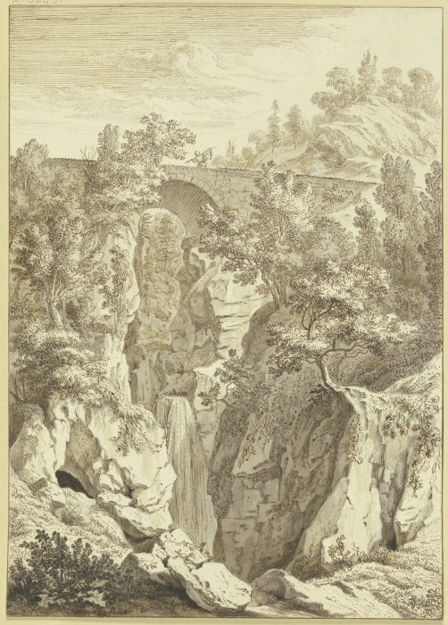 Wasserfall, über welchen eine Steinbrücke führt von Albert Meyeringh