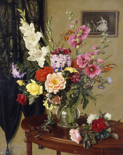 Still Life with Gladioli, Roses and Hollyhocks before an Embroidered Curtain von Albert Williams