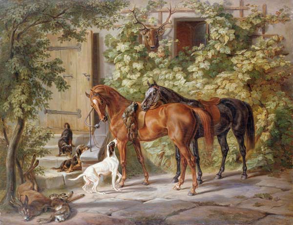 Pferde vor dem Eingang des Hauses von Albrecht Adam