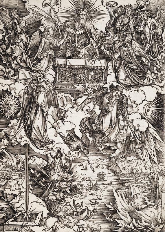 Die sieben Posaunenengel, aus der Folge der Apokalypse, Latein-Ausgabe 1511 von Albrecht Dürer