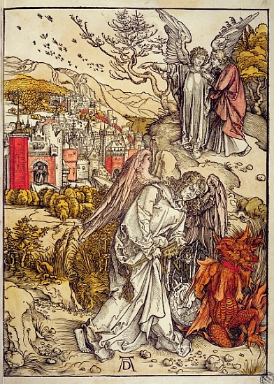 Angel with the Key of the Abyss, 1498 (colour woodcut) von Albrecht Dürer