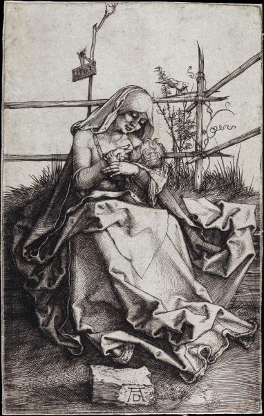 Maria auf der Rasenbank, das Kind stillend
