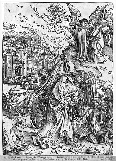 Scene from the Apocalypse, The angel holding the keys of the abyss and a big chain, enchains the dra von Albrecht Dürer