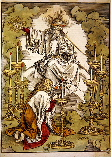 St. John on the Island of Patmos receives inspiration from God to create the Apocalypse, 1498 (colou von Albrecht Dürer