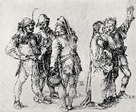 Marktbauern im Gespraech und junges Paar 1497