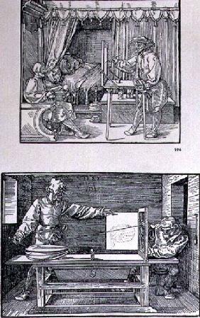 Apparatus for translating three-dimensional objects into two-dimensional drawings, two scenes from t pub. 1525