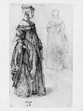 Frau in venezianischem Kostuem, daneben dasselbe Kostuem von rueckwaerts 1495