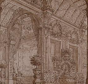 Halle mit Delphinbrunnen und Blick in ein fürstliches Schlafzimmer von Alessandro Bibiena