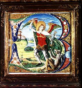 Historiated initial 'B' depicting St. Michael and the Dragon, 1499-1511 (vellum)