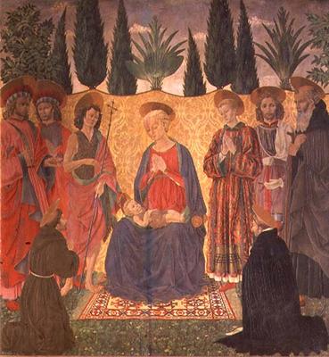 Madonna and Child with SS. Cosmas and Damian, John the Baptist, Lawrence, Julian and Anthony; kneeli von Alesso Baldovinetti