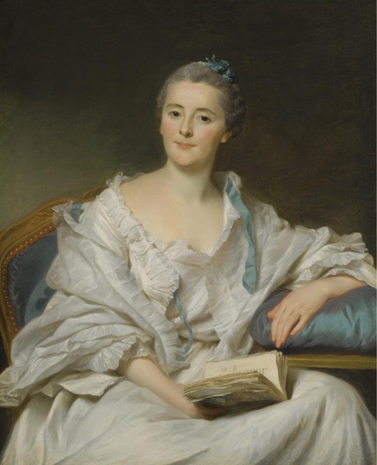 Porträt von Marie-Françoise Julie Constance Filleul, Marquise de Marigny mit Buch von Alexander Roslin