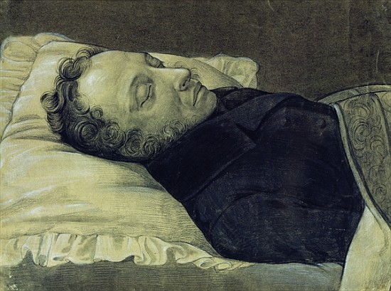 Portrait of Alexander Pushkin on his deathbed, 1837 (pencil, gouache and ink on paper) von Alexander Alexeyevich Koslov