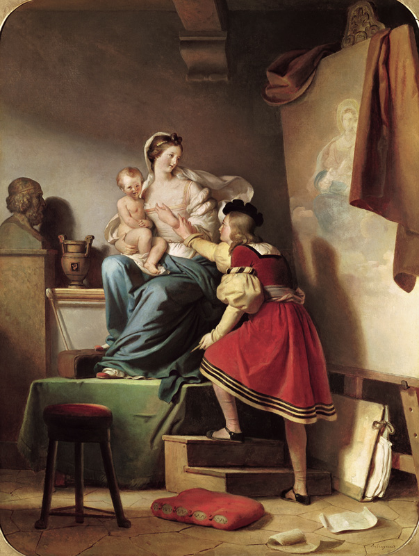Raphael Adjusting his Model''s Pose for his Painting of the Virgin and Child von Alexandre Evariste Fragonard