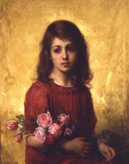 Portrait of a Young Girl holding a Bunch of Roses von Alexei Alexevich Harlamoff