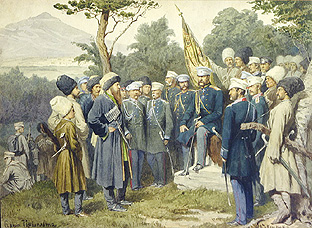 Der kaukasische Heerführer Shamil ergibt sich dem Fürsten Barjatinsky von Alexej Danilovich Kivschenko