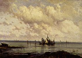 Küsten-Szene mit Segelschiffen bei Windstille 1860