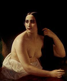 Junge Frau beim Auswringen ihres Haares. 1844