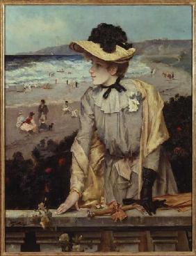 Junge Frau am Strand (oder: Pariserin vor Meerlandschaft)