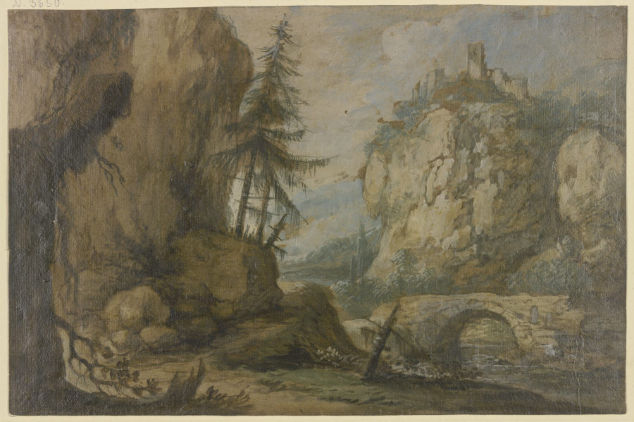Links hohe Felsen mit Tannen, rechts auf hohen Felsen eine Burg, über dem Bach eine steinerne Brücke von Allaert van Everdingen