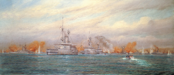 H.M.S. Albion commanded by Capt. A. Walker-Heneage completing the destruction of the outer forts of von Alma Claude Burlton Cull