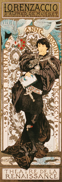 Jugendstilplakat für Lorenziaccio von Alfred de Musset im Theatre de la Renaissance von Alphonse Mucha