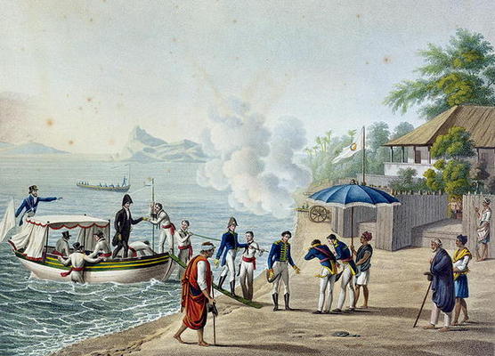 View of Our First Landing at the Portuguese Establishment at Dille, Timor, from 'Voyage Autour du Mo von Alphonse Pellion