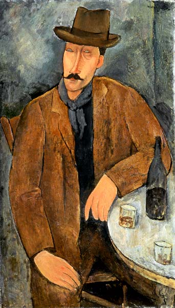 Ein sitzender Mann lehnt an einem Tisch von Amedeo Modigliani