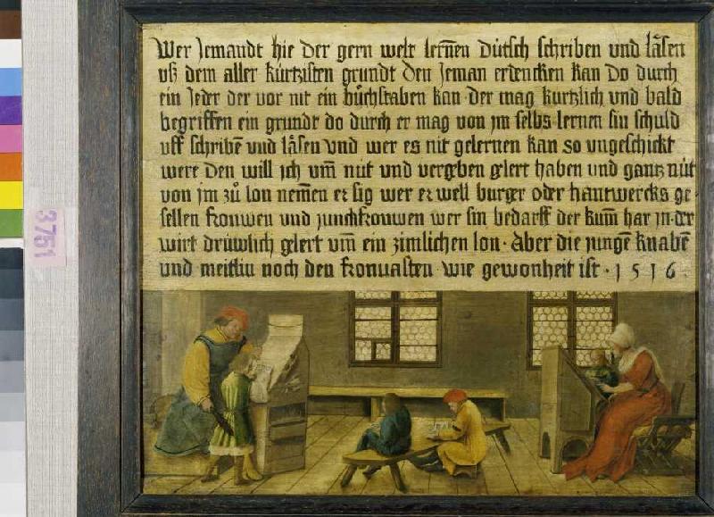 Ein Schulmeister und seine Frau bringen drei Knaben und einem Mädchen das Lesen bei. von Ambrosius Holbein
