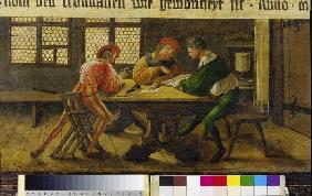 Schulmeister erklärt zwei des Lesens unkundigen Gesellen ein Schriftstück. 1516