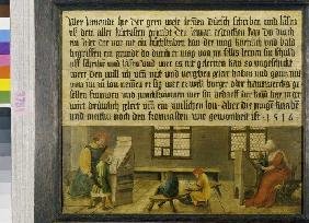 Ein Schulmeister und seine Frau bringen drei Knaben und einem Mädchen das Lesen bei. 1516