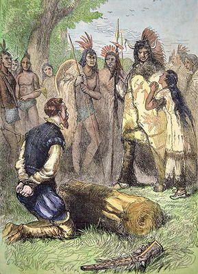 Pocahontas saves the life of John Smith (coloured engraving) von American School