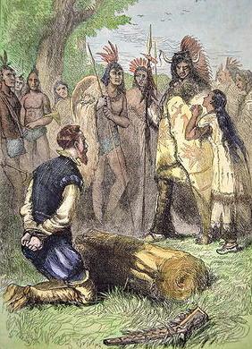 Pocahontas saves the life of John Smith (coloured engraving) 20th