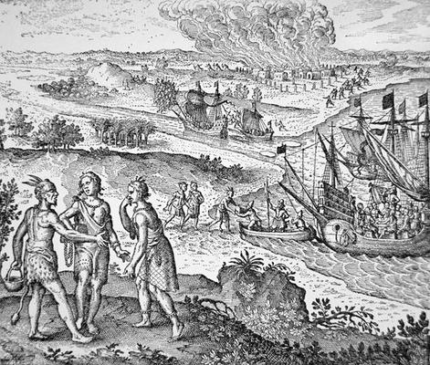 Pocahontas is enticed aboard the English ship to Jamestown (engraving) von American School, (17th century)