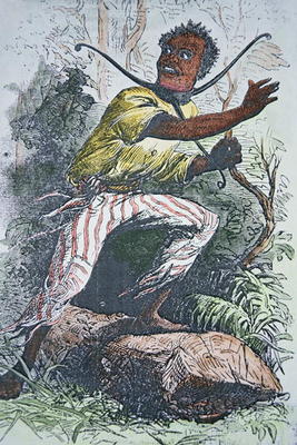 A runaway slave in the USA wearing a pronged slave-collar to hamper escape (colour litho) von American School, (19th century)