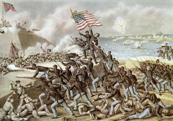 Black troops of the 54th Massachusetts Regiment during the assault of Fort Wagner, South Carolina, 1 von American School, (19th century)