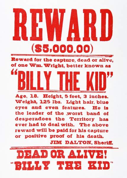 Reward Poster for Billy the Kid (1859-81) (litho) 19th