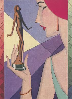 Art Deco Illustration of a Woman with a Golden Statuette 1926